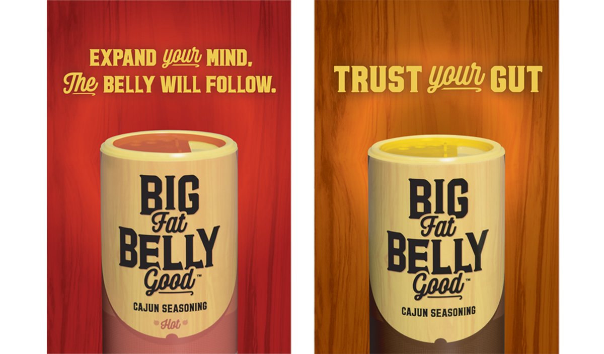 Outdoor campaign ad variations for Big Fat Belly Good Cajun Seasoning blend.