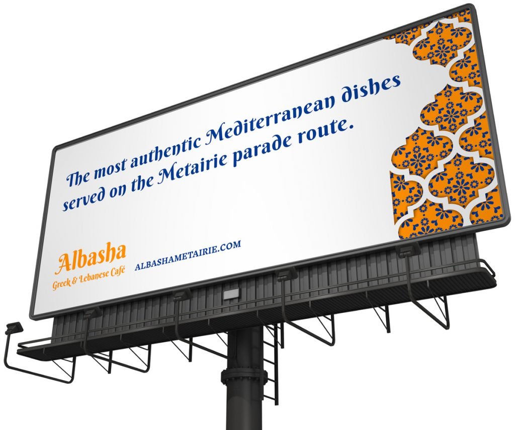Outdoor billboard advertising for Albasha Greek and Lebanese Cafe designed by Cerberus Agency.