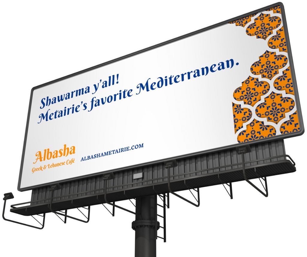 Outdoor billboard advertising for Albasha Greek and Lebanese Cafe designed by Cerberus Agency.