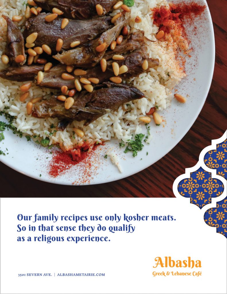 Full page print ad for Albasha Greek and Lebanese Cafe, designed by Cerberus Agency.