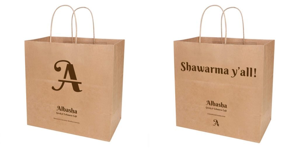 Branded takeout bag for Albasha Greek and Lebanese Cafe, designed by Cerberus Agency