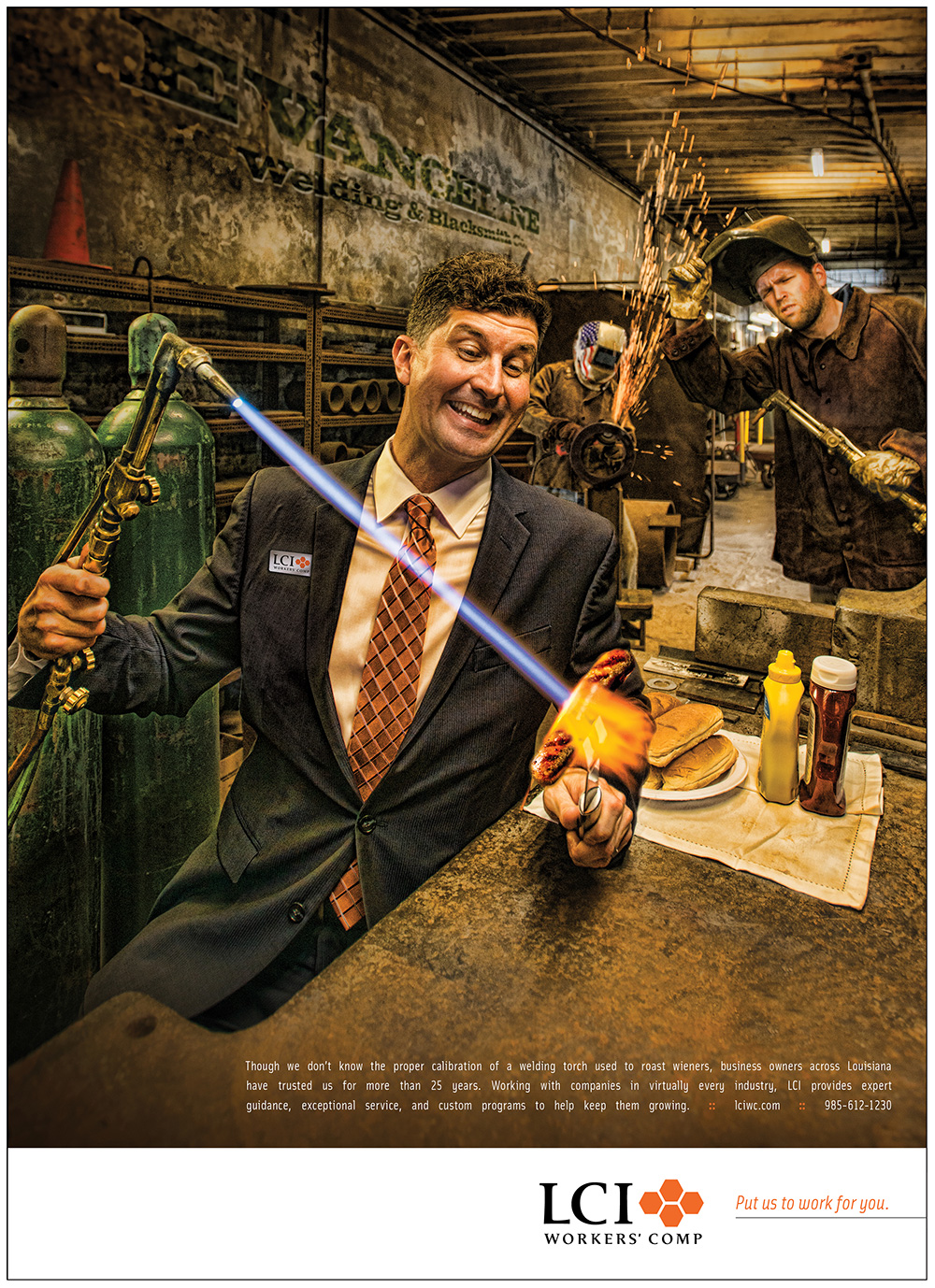 LCI Workers' Comp Advertising Campaign Print Ad shot at New Orleans welding company.