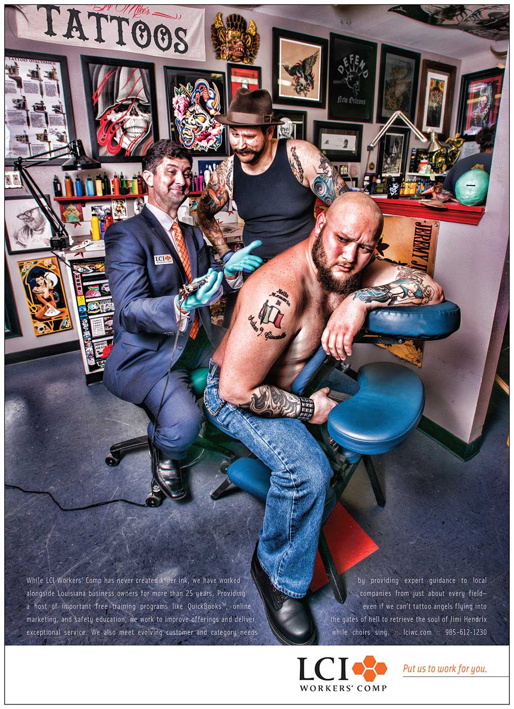 LCI Workers' Comp Print Advertising Ad - Shot at Eye Candy Tattoo